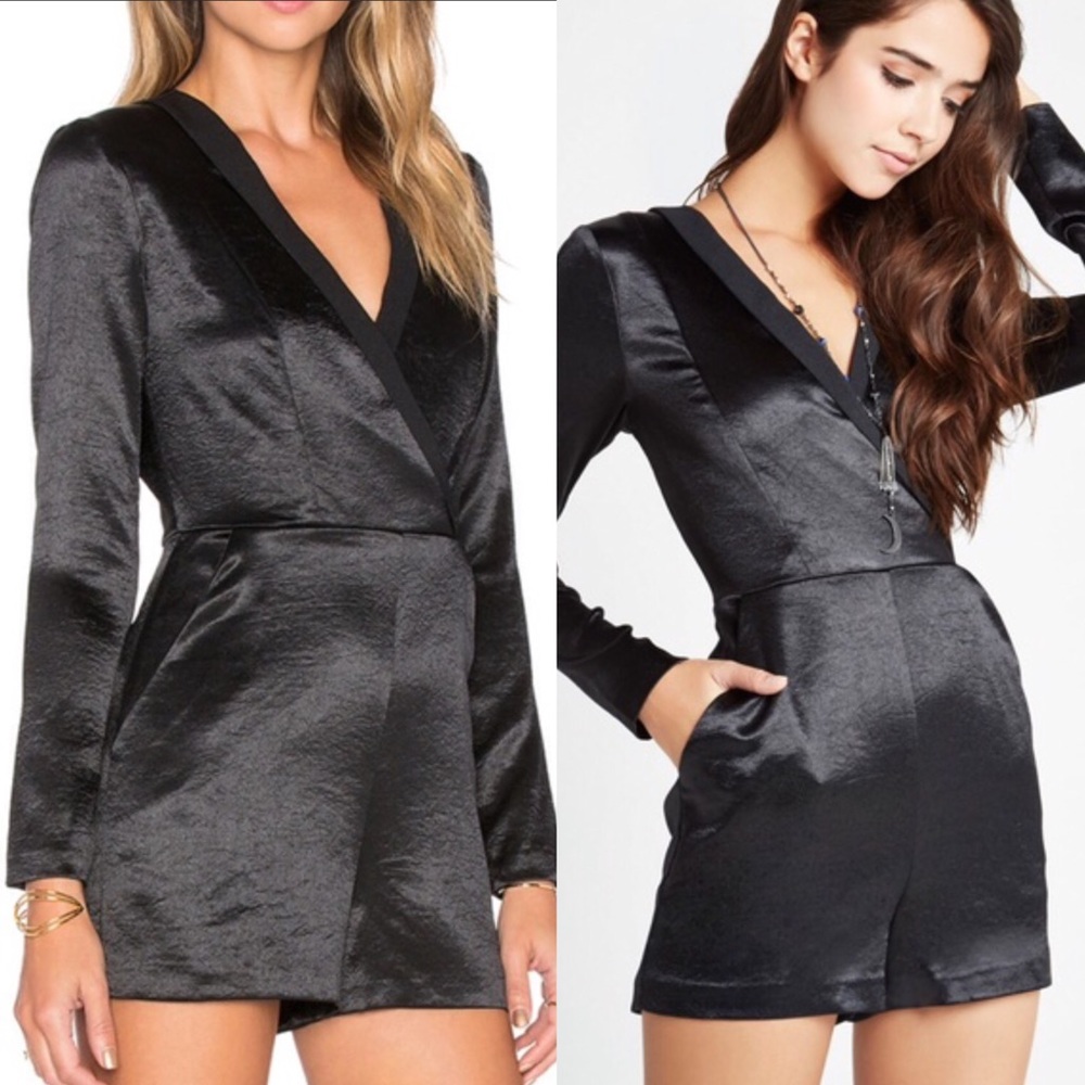 BCBG $138* SEXY Black Satin V Neck Tuxedo Romper